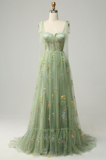 Green A Line Tulle Corset Floor Length Ball Dress with Embroidered Floral